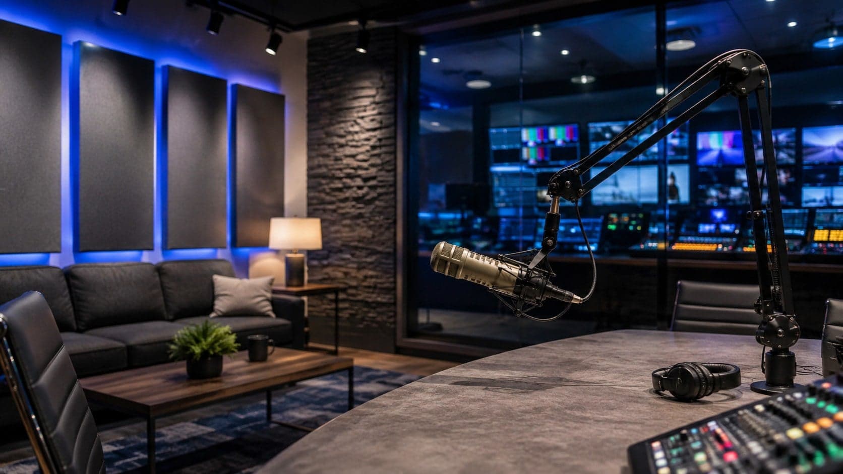 Broadcast studio lit in blue